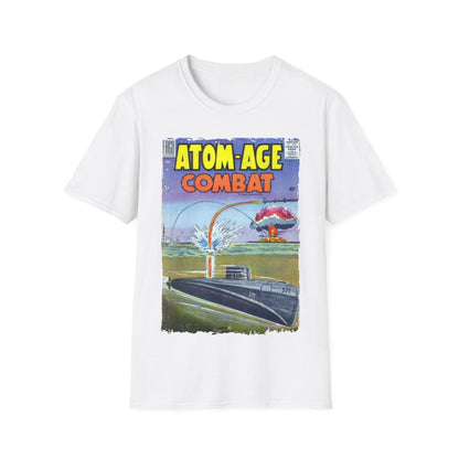 Close-up of the Atom-Age Combat No.2 T-shirt's soft cotton fabric texture and relaxed fit neckline from a slightly elevated