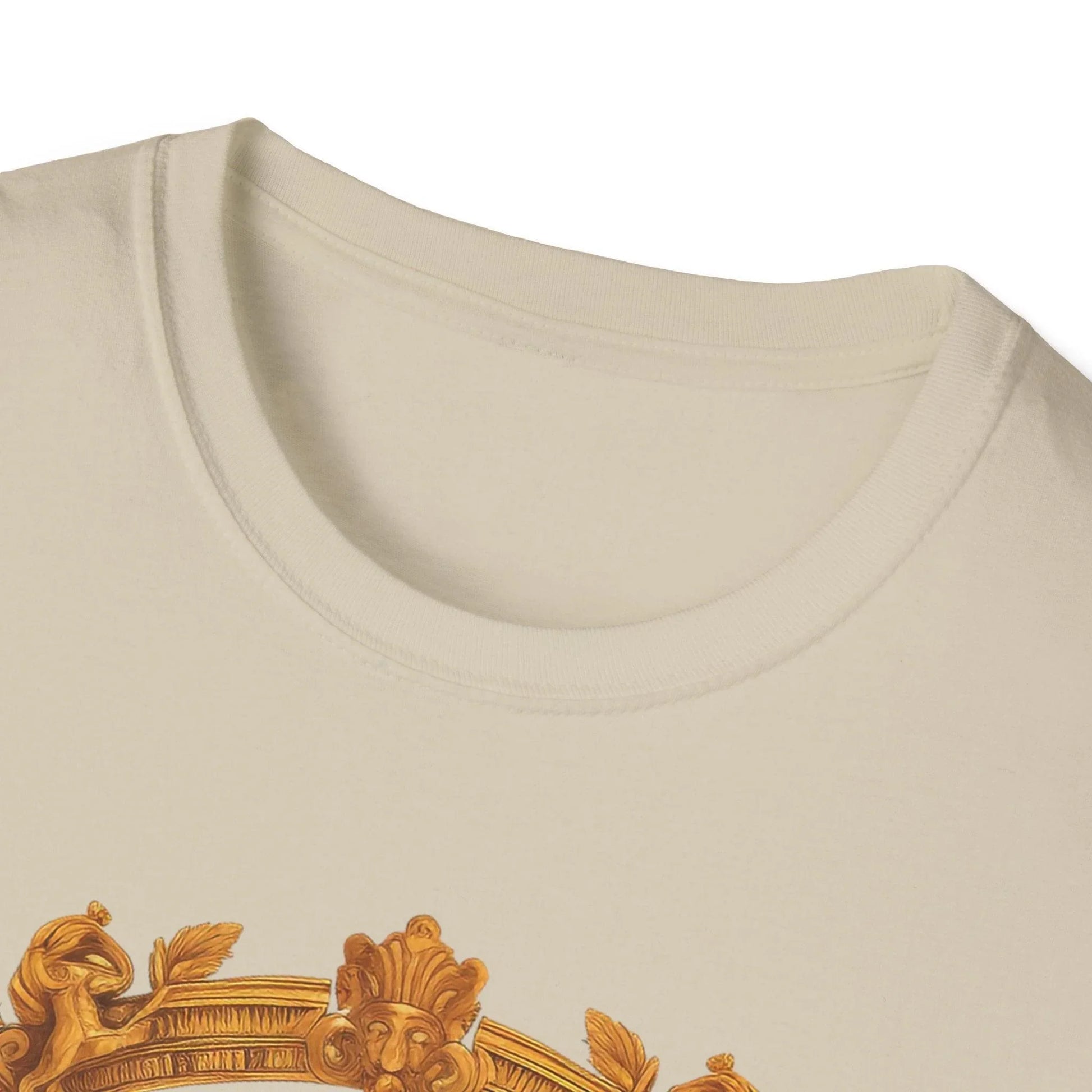 Close-up of the vintage-inspired "Ancient Emperor" logo print on soft cotton fabric, showcasing detailed artwork on chest
