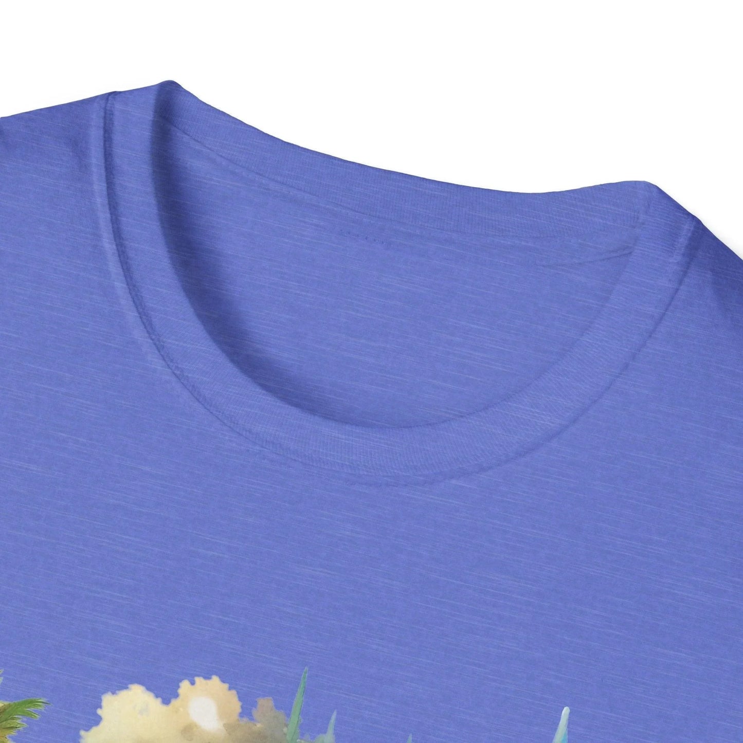 Close-up of the unisex softstyle T-shirt neckline showcasing smooth stitching and vivid Old Stone color from a slightly