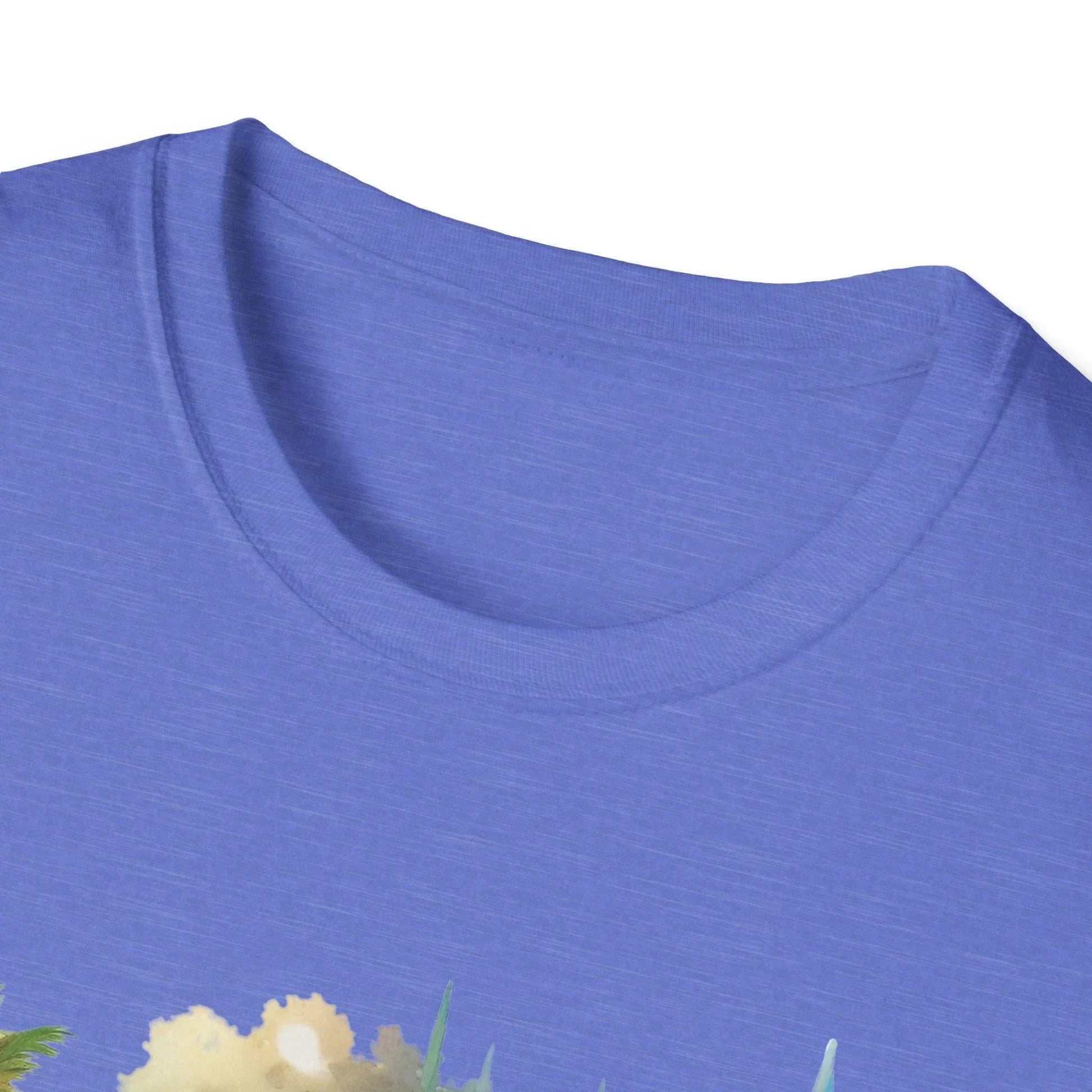 Close-up of the unisex softstyle T-shirt neckline showcasing smooth stitching and vivid Old Stone color from a slightly