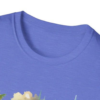 Close-up of the unisex softstyle T-shirt neckline showcasing smooth stitching and vivid Old Stone color from a slightly