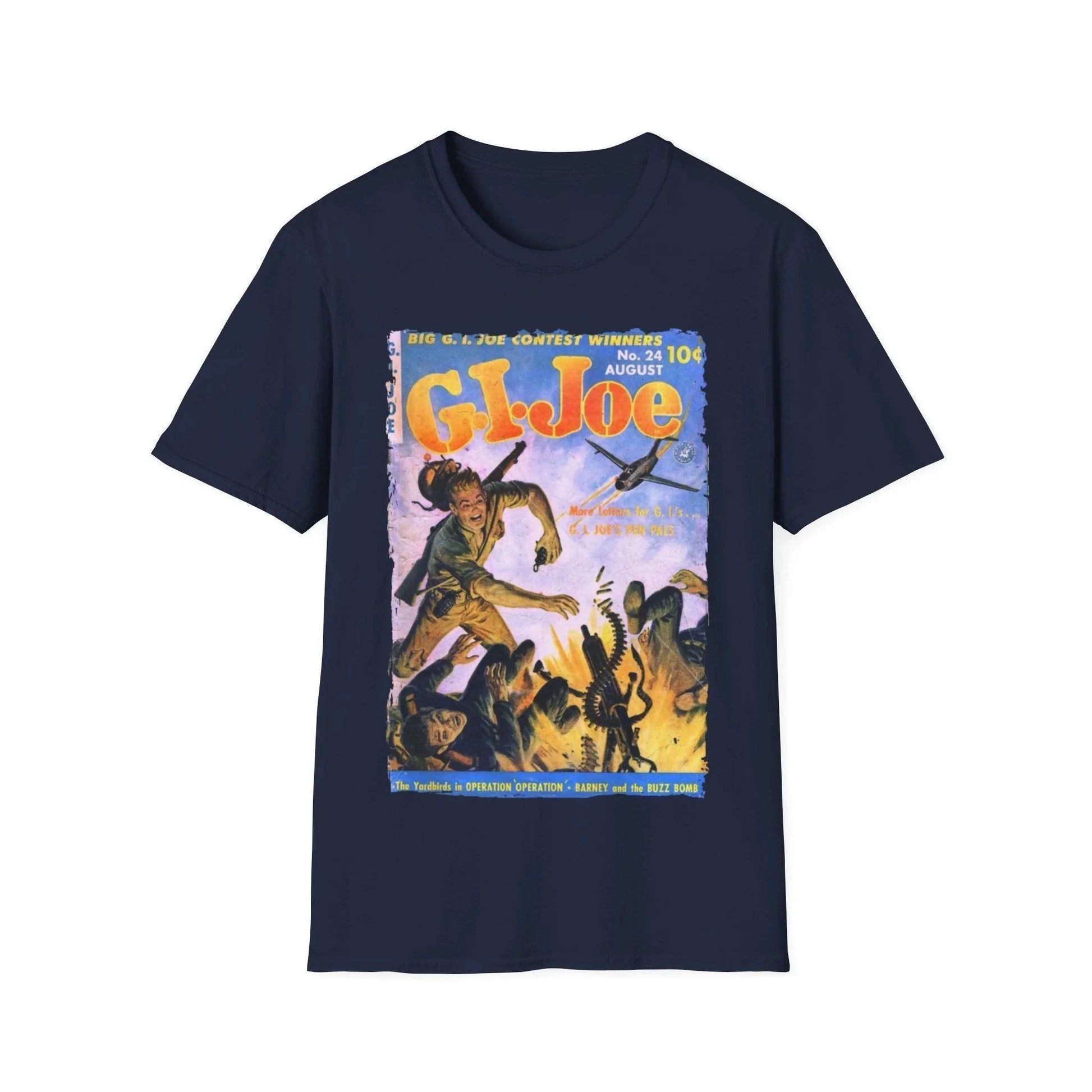 Close-up of the G.I. Joe No.24 softstyle T-shirt’s relaxed fit and vibrant navy color, highlighting the crew neckline and