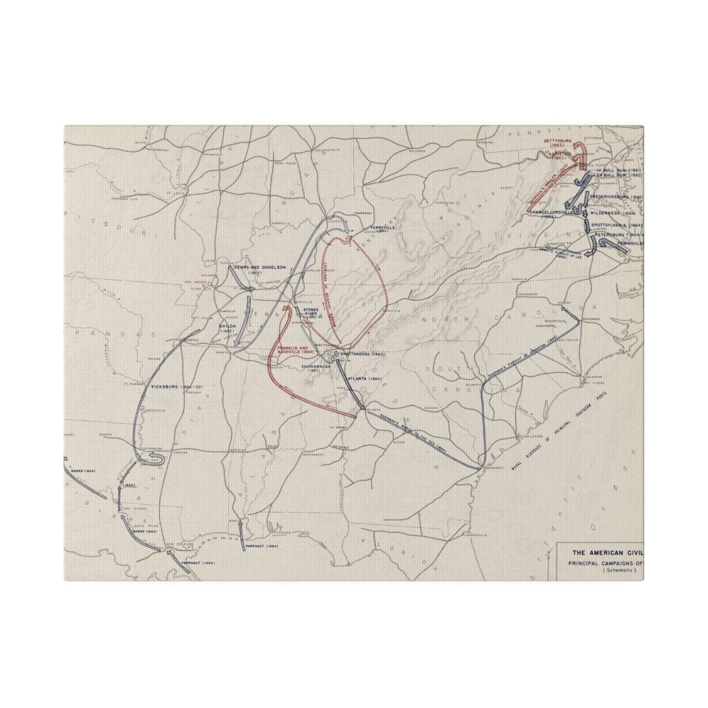 Close-up of textured canvas surface highlighting detailed brushstroke patterns from the Civil War operations map.