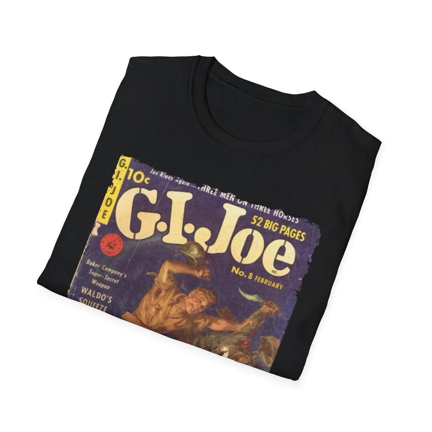 Close-up of the G.I. Joe No.8 unisex softstyle T-shirt’s neck ribbing in heather navy, highlighting the relaxed fit and