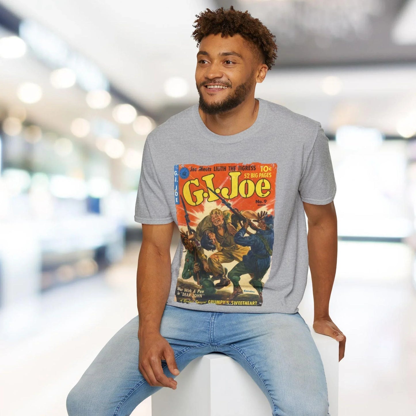 Close-up of the G.I. Joe No.9 softstyle T-shirt’s white crew neckline and smooth fabric texture from a top-angle shot