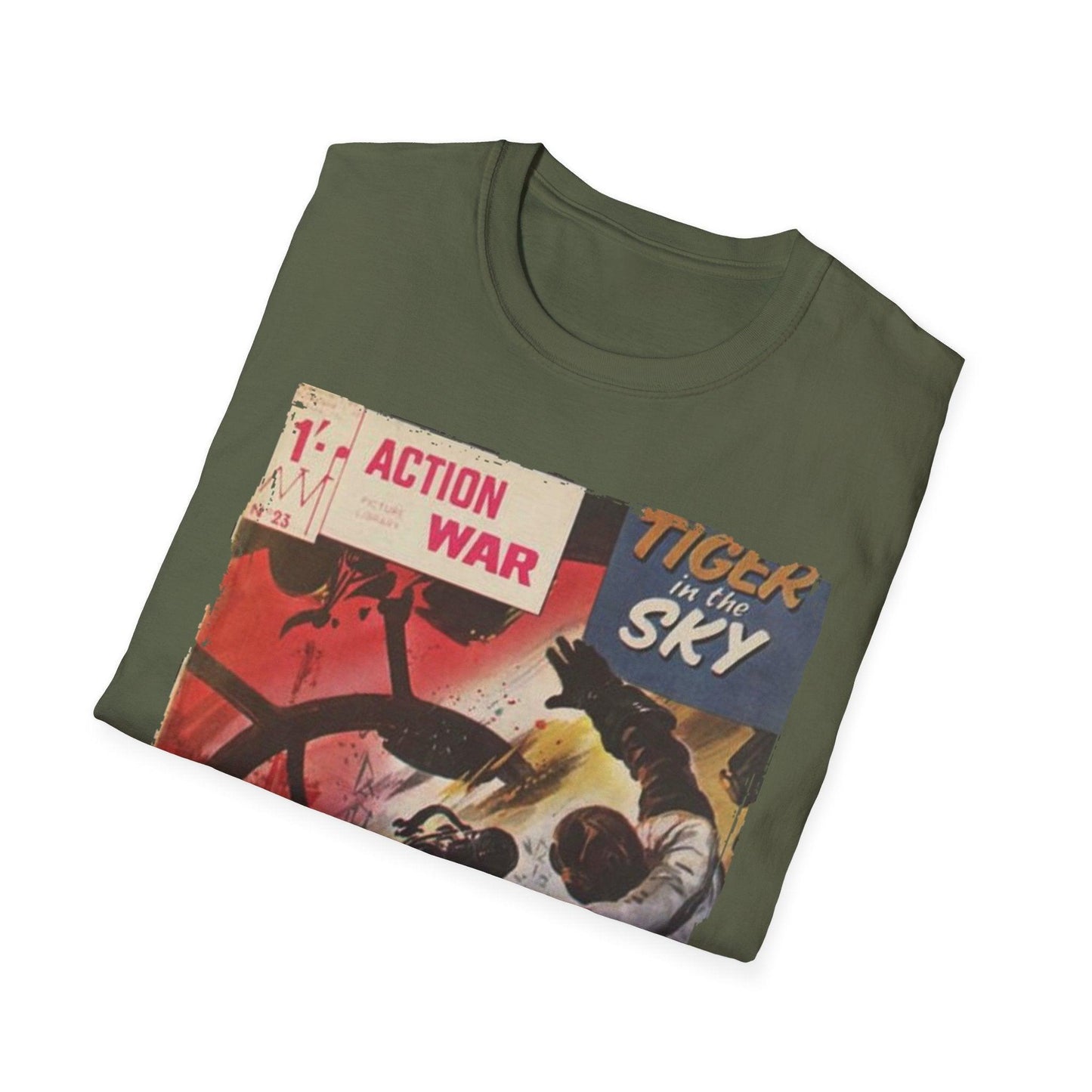 Close-up of the charcoal gray unisex softstyle T-shirt's relaxed fit neckline and subtle front seam stitching detail.