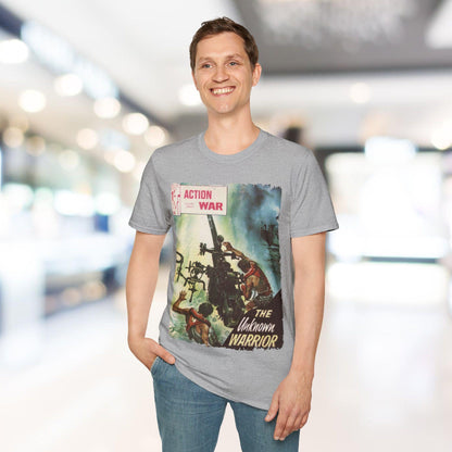 Close-up of the unisex softstyle T-shirt's relaxed fit, showing the smooth fabric texture in vibrant navy with subtle