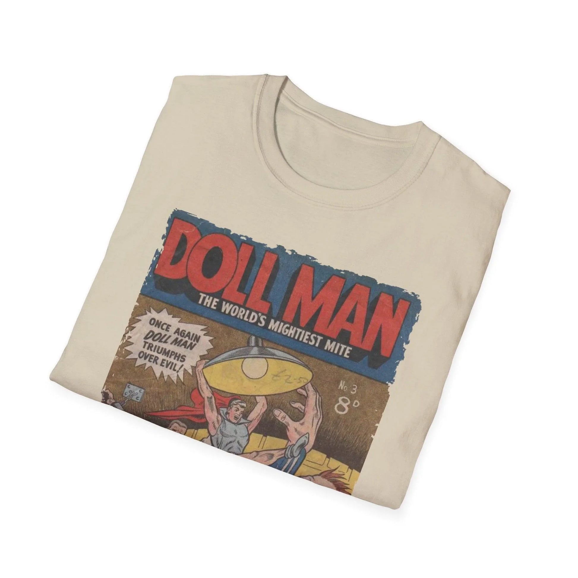 Close-up of the Doll Man No.3 T-shirt fabric showing its smooth cotton-blend texture and vibrant navy color from a front