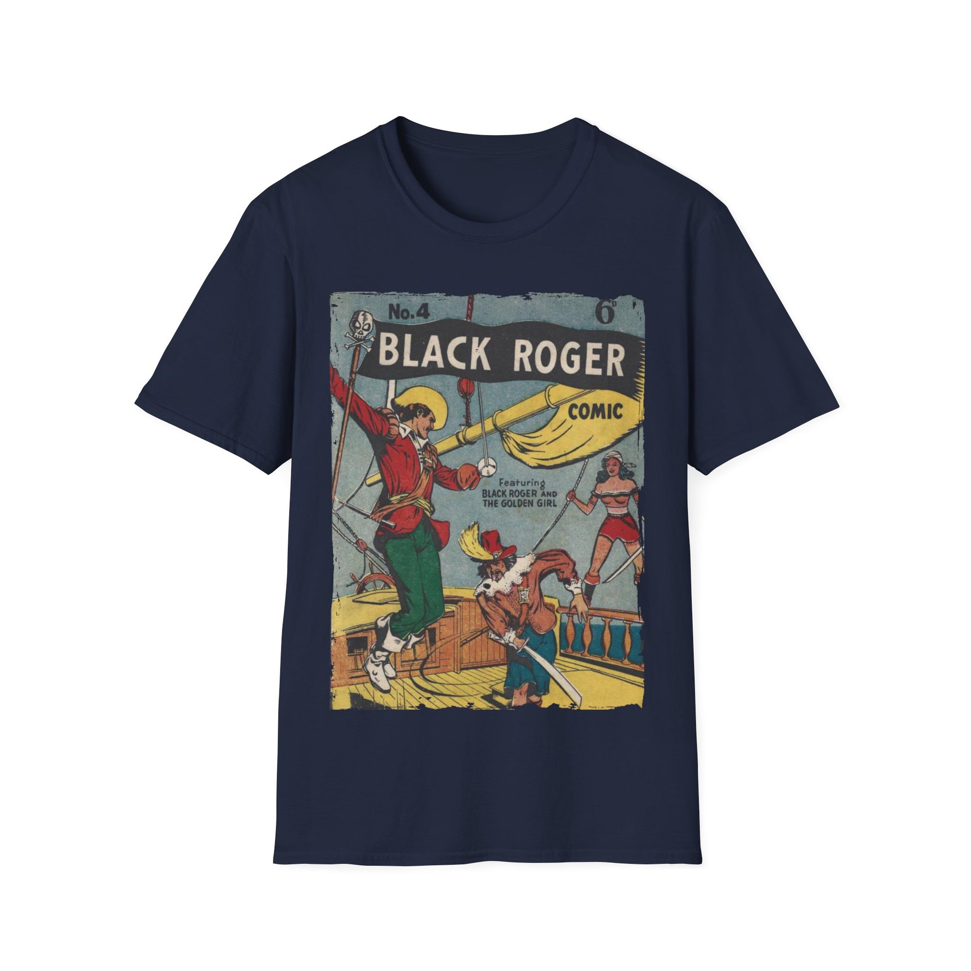 Close-up of the Black Roger No.4 softstyle T-shirt fabric showing smooth texture and subtle heather pattern at the neckline