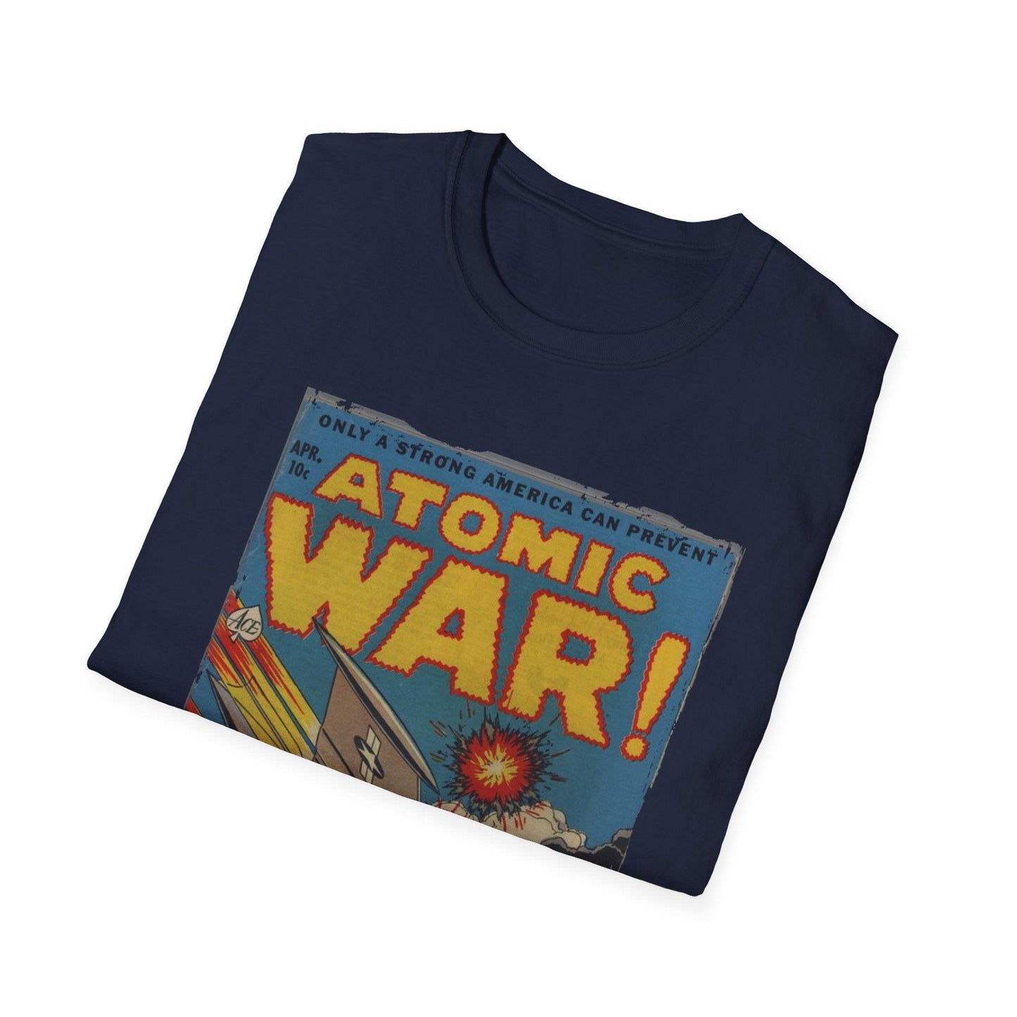 Close-up of the Atomic War! No 4 T-shirt's label showing softstyle fabric tag and reinforced stitching at the collar seam