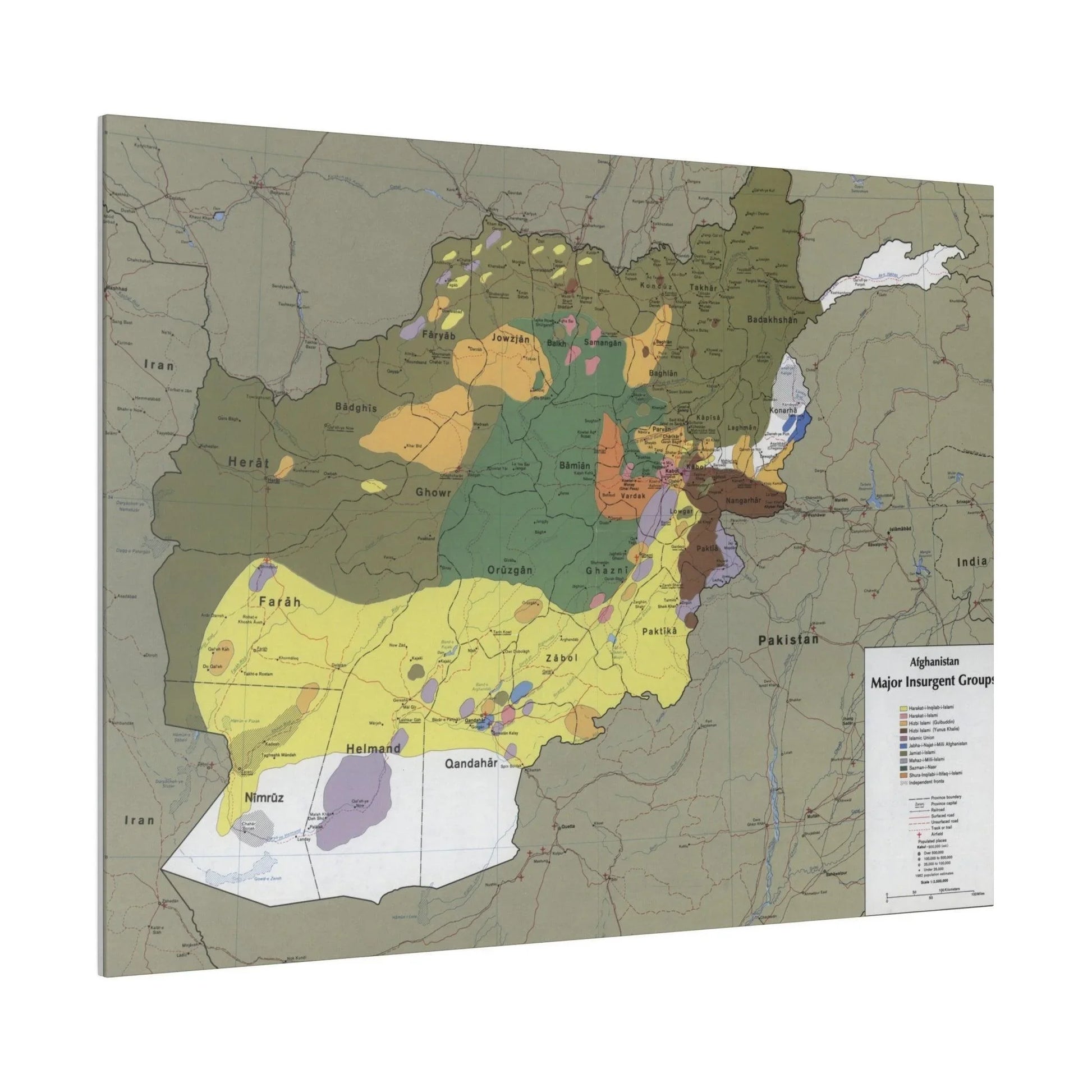 Close-up of detailed map markings highlighting insurgent group locations on the canvas with textured surface and muted color