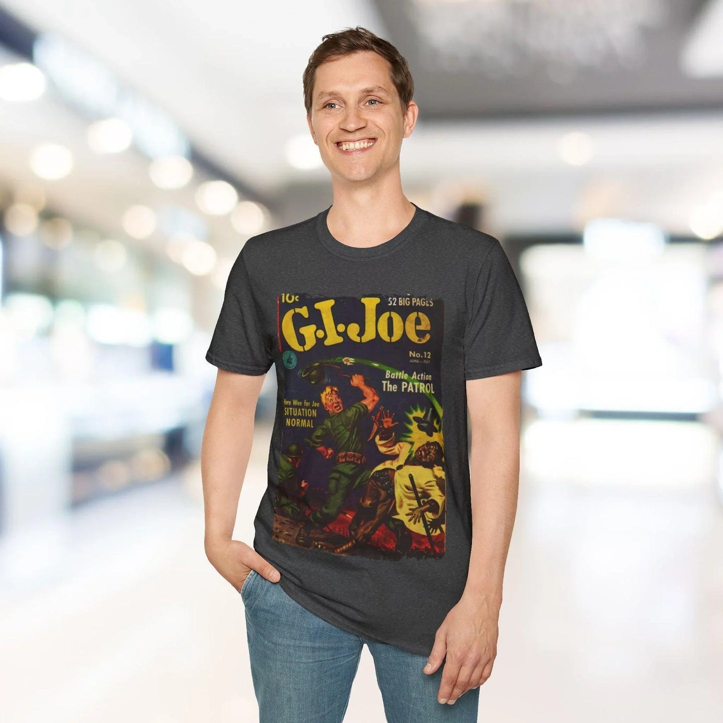 Close-up of the G.I. Joe No.12 softstyle T-shirt’s navy fabric showing subtle texture and reinforced stitching at the