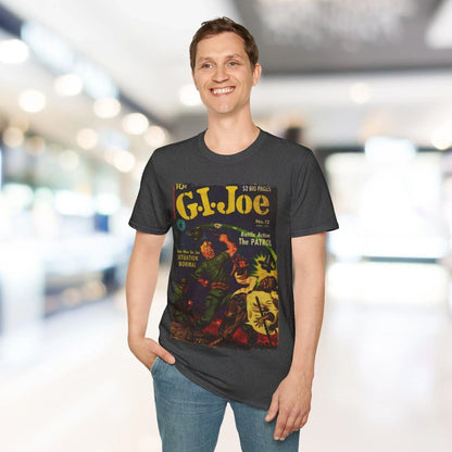 Close-up of the G.I. Joe No.12 softstyle T-shirt’s navy fabric showing subtle texture and reinforced stitching at the