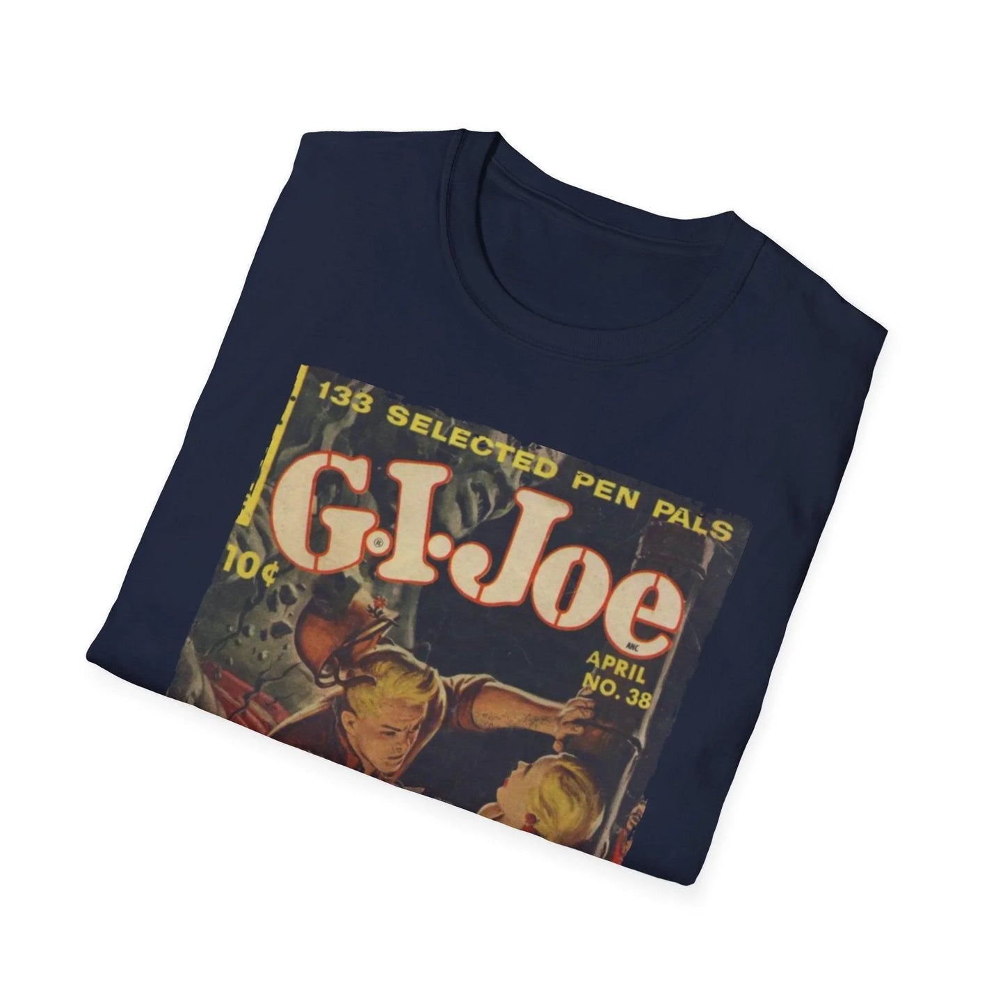 Close-up of the G.I. Joe No.38 unisex softstyle T-shirt's navy blue fabric showing smooth, lightweight cotton blend with