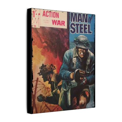 Close-up of the textured canvas surface showcasing the detailed printing of Action War #25 comic cover from a perspective