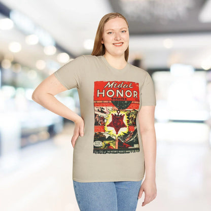 Close-up of the black cotton fabric displaying the subtle "Medal Of Honor No.1" chest print on the relaxed fit unisex