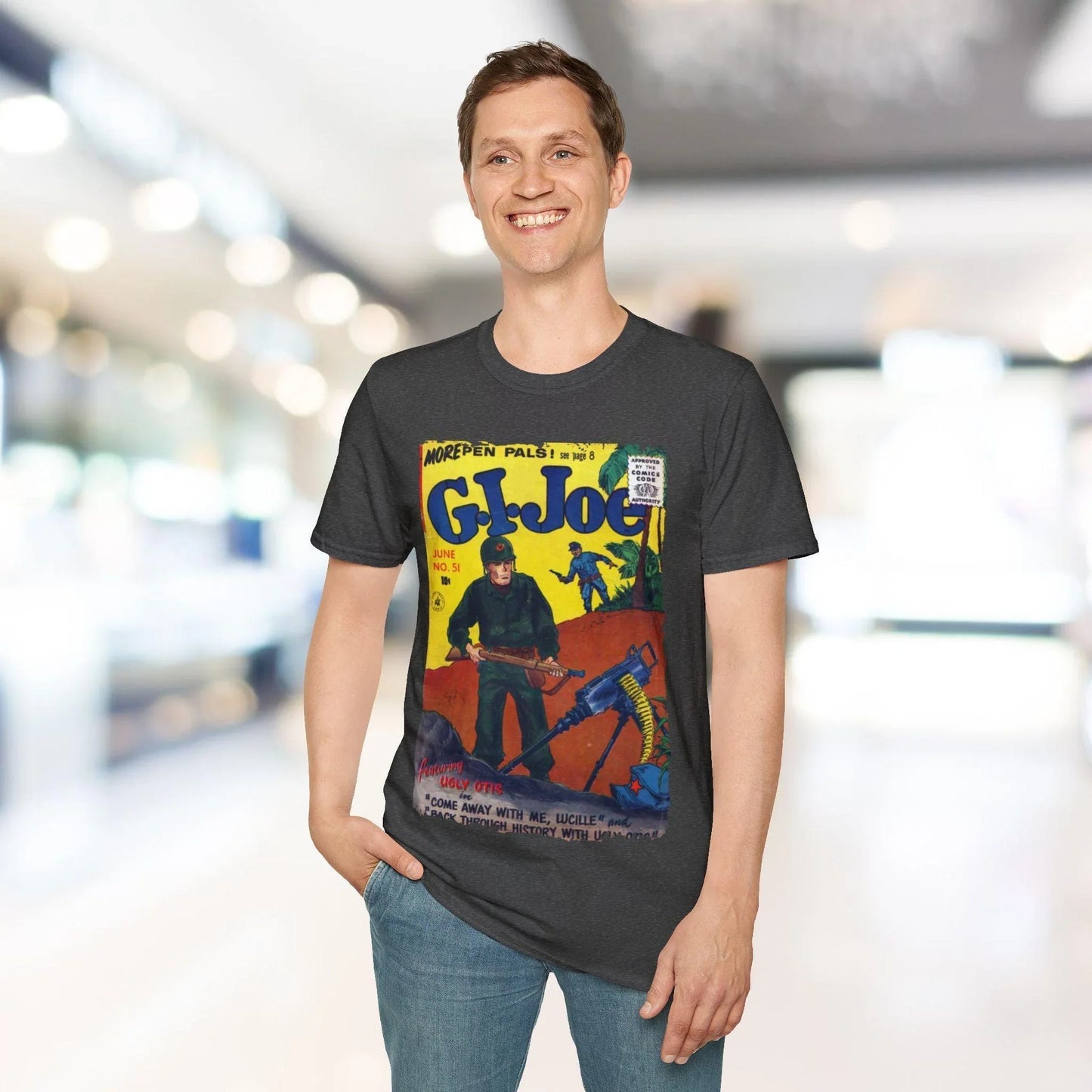 Close-up of the G.I. Joe No.51 softstyle T-shirt fabric displaying the relaxed fit with royal blue color and crew neckline