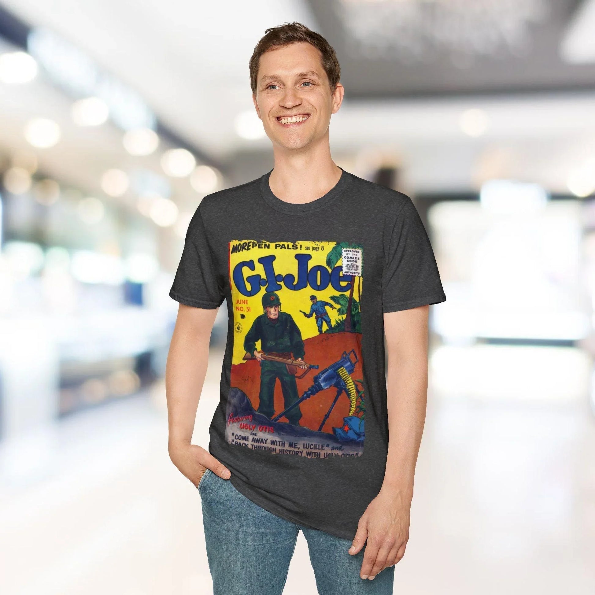 Close-up of the G.I. Joe No.51 softstyle T-shirt fabric displaying the relaxed fit with royal blue color and crew neckline