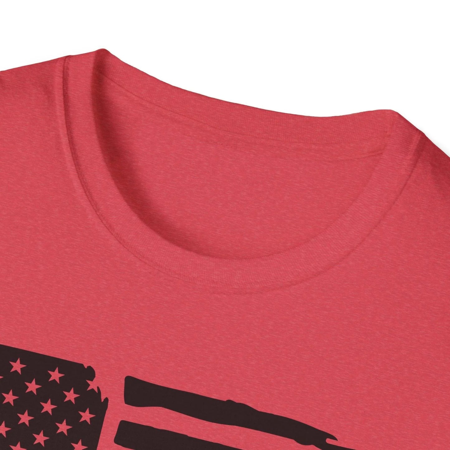 Close-up of distressed American flag black and white print on unisex softstyle T-shirt fabric highlighting textured