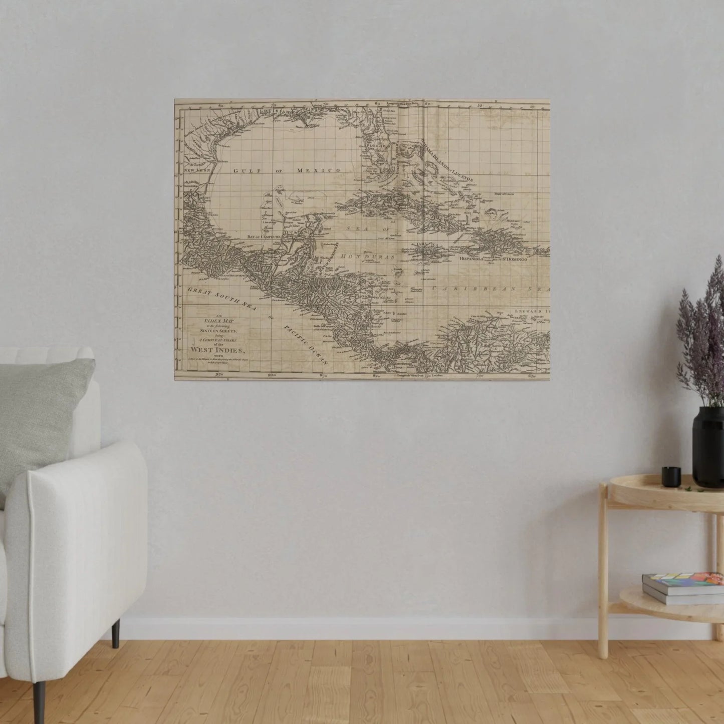 Close-up of the vibrant map details highlighting the West Indies islands with textured canvas surface and subtle color