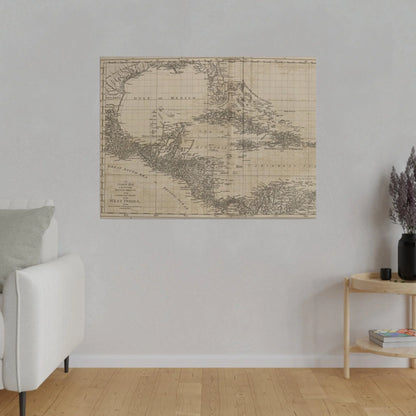 Close-up of the vibrant map details highlighting the West Indies islands with textured canvas surface and subtle color