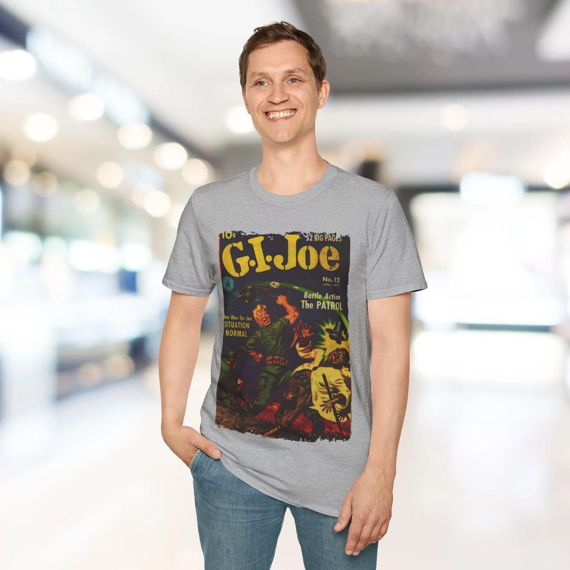 Close-up of the G.I. Joe No.12 unisex softstyle T-shirt's collar stitching, showing smooth flatlock seams and clean finish