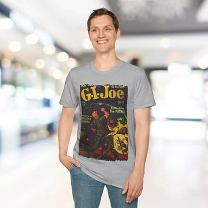 Close-up of the G.I. Joe No.12 unisex softstyle T-shirt's collar stitching, showing smooth flatlock seams and clean finish