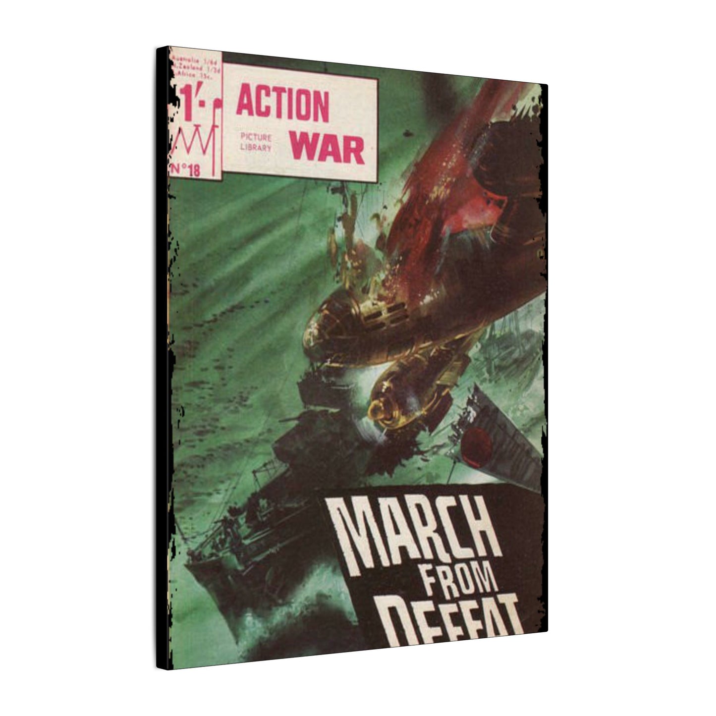 Close-up of the canvas texture featuring vibrant colors and detailed brushstrokes from the Action War #18 artwork.