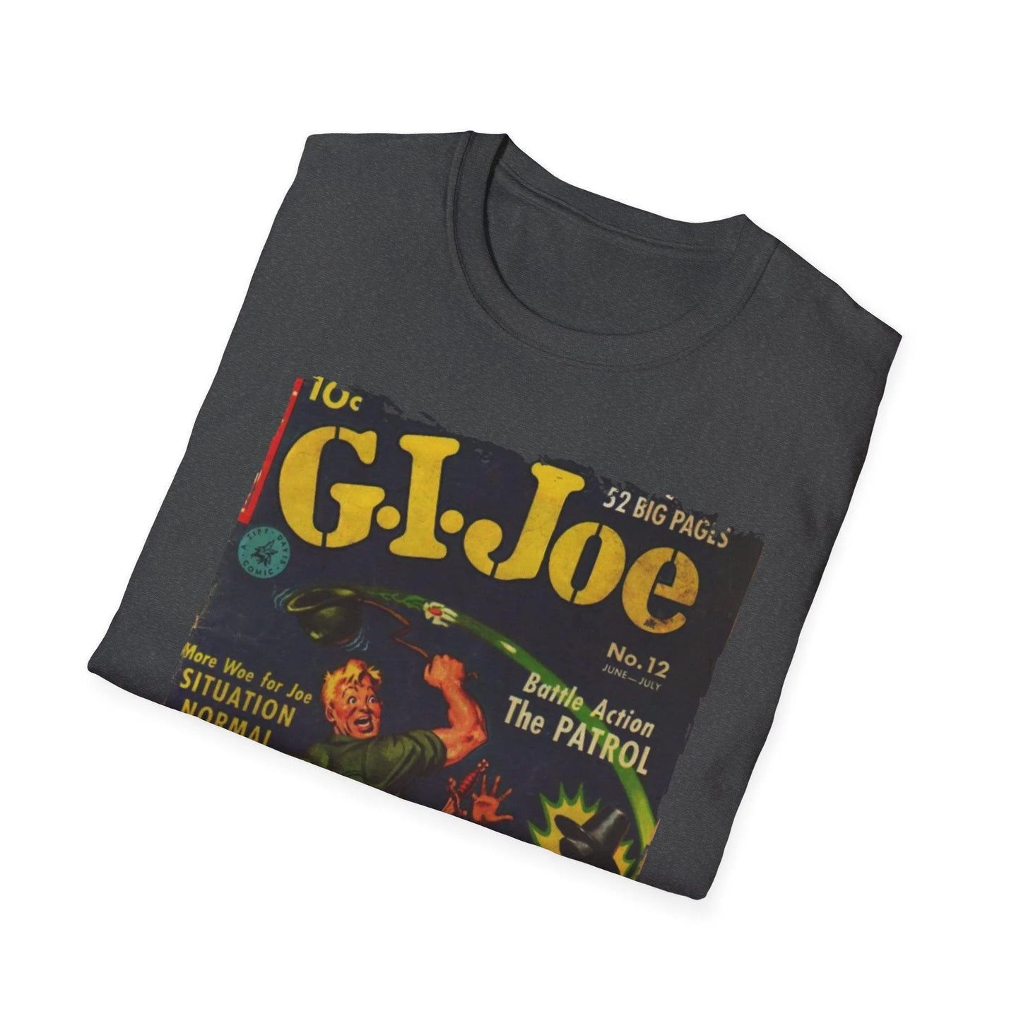 Close-up of the G.I. Joe No.12 softstyle T-shirt's navy fabric showing subtle heather texture and relaxed fit neckline detail