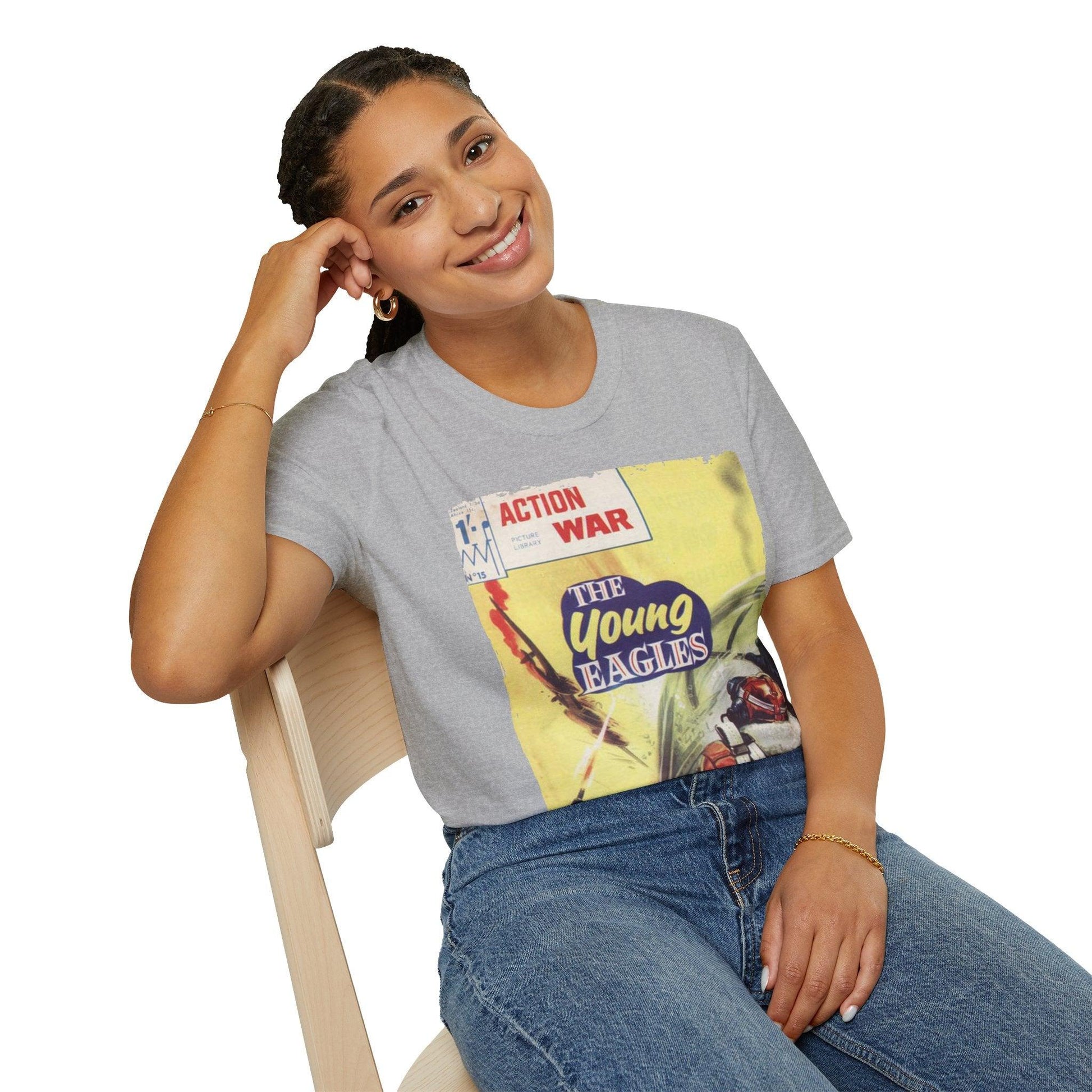 Close-up of the unisex softstyle fabric showing smooth, relaxed fit in heather gray with subtle stitching details at the