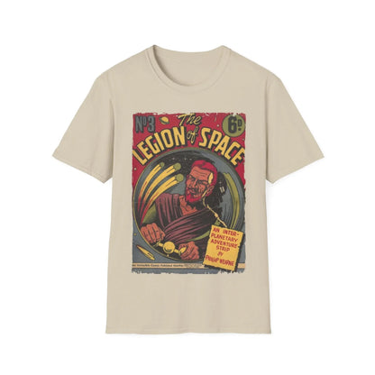 Close-up of the navy heather fabric showing the soft cotton-blend texture and reinforced double-stitched neckline detail.