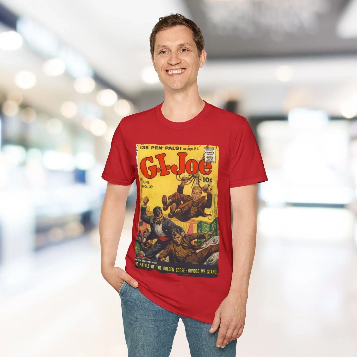 Close-up of the G.I. Joe No.39 softstyle T-shirt's lightweight fabric texture and relaxed fit in vibrant navy blue from a