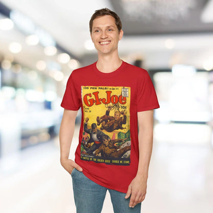 Close-up of the G.I. Joe No.39 softstyle T-shirt's lightweight fabric texture and relaxed fit in vibrant navy blue from a