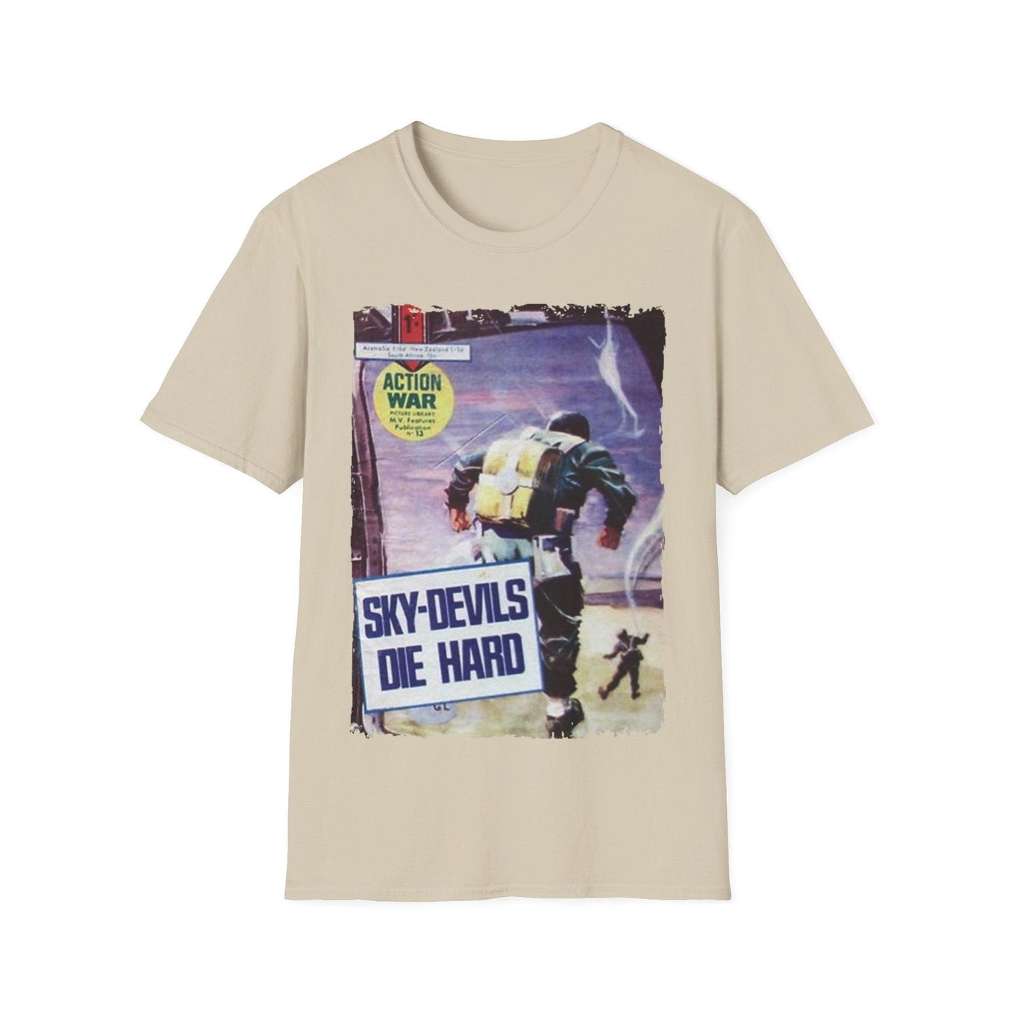 Close-up of the unisex softstyle fabric's smooth texture and vibrant dark blue color highlighting the crew neckline details