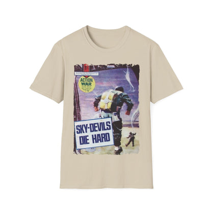 Close-up of the unisex softstyle fabric's smooth texture and vibrant dark blue color highlighting the crew neckline details