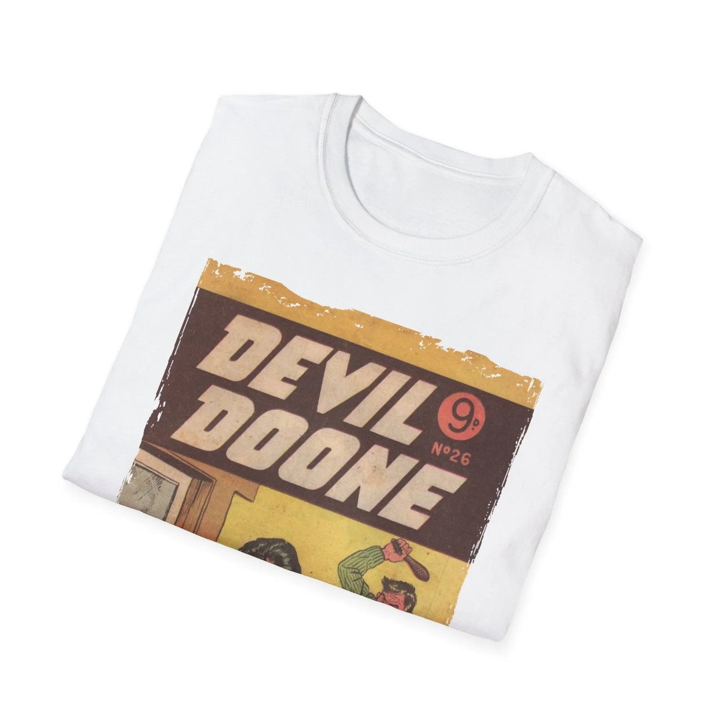 Close-up of the Devil Doone No.26 unisex softstyle T-shirt fabric highlighting the smooth cotton blend and vibrant black