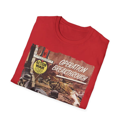 Close-up of the unisex softstyle T-shirt neckline and collar stitching in vibrant blue fabric showing smooth, reinforced