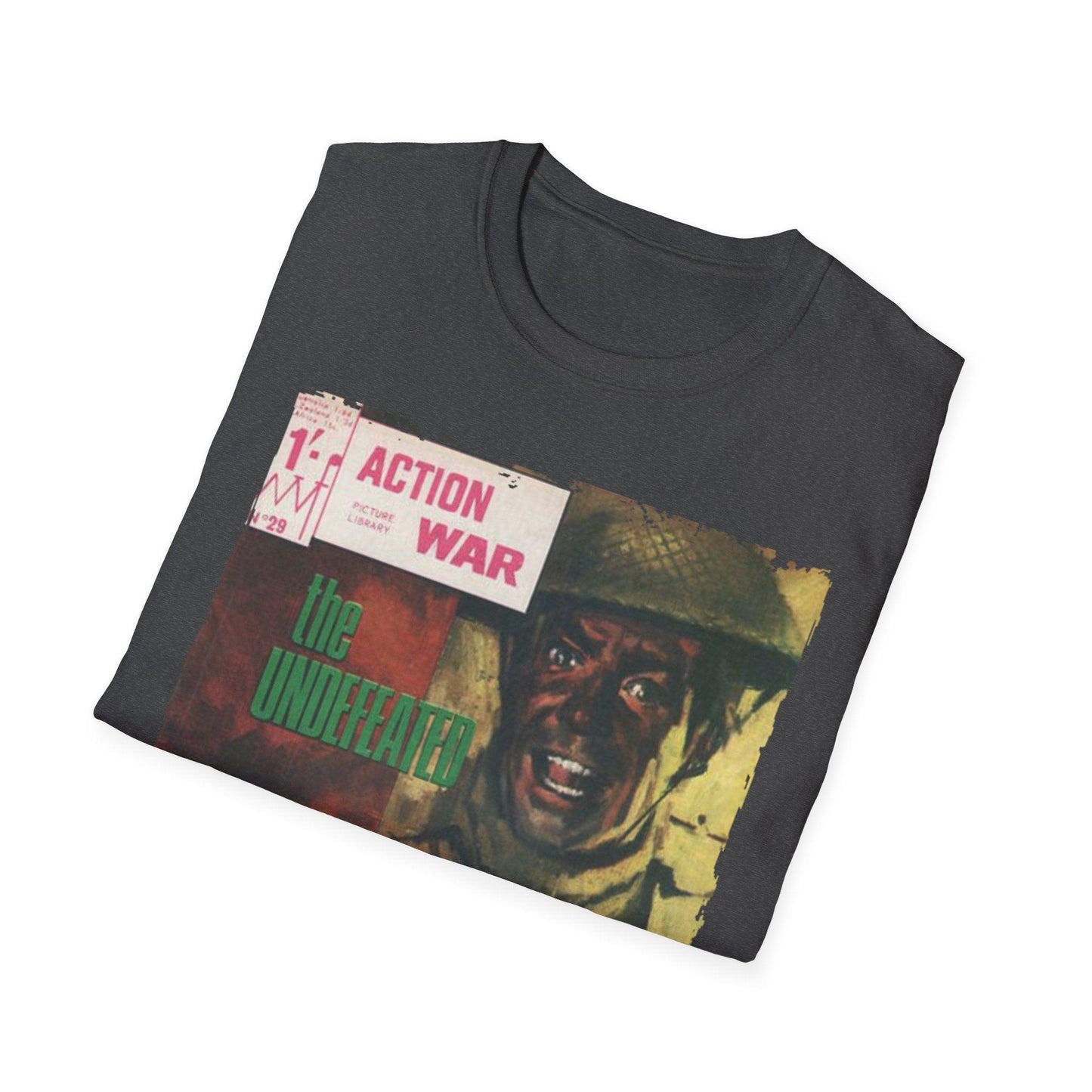 Close-up of the unisex softstyle T-shirt's lightweight, heather-gray fabric showing smooth knit texture and relaxed fit