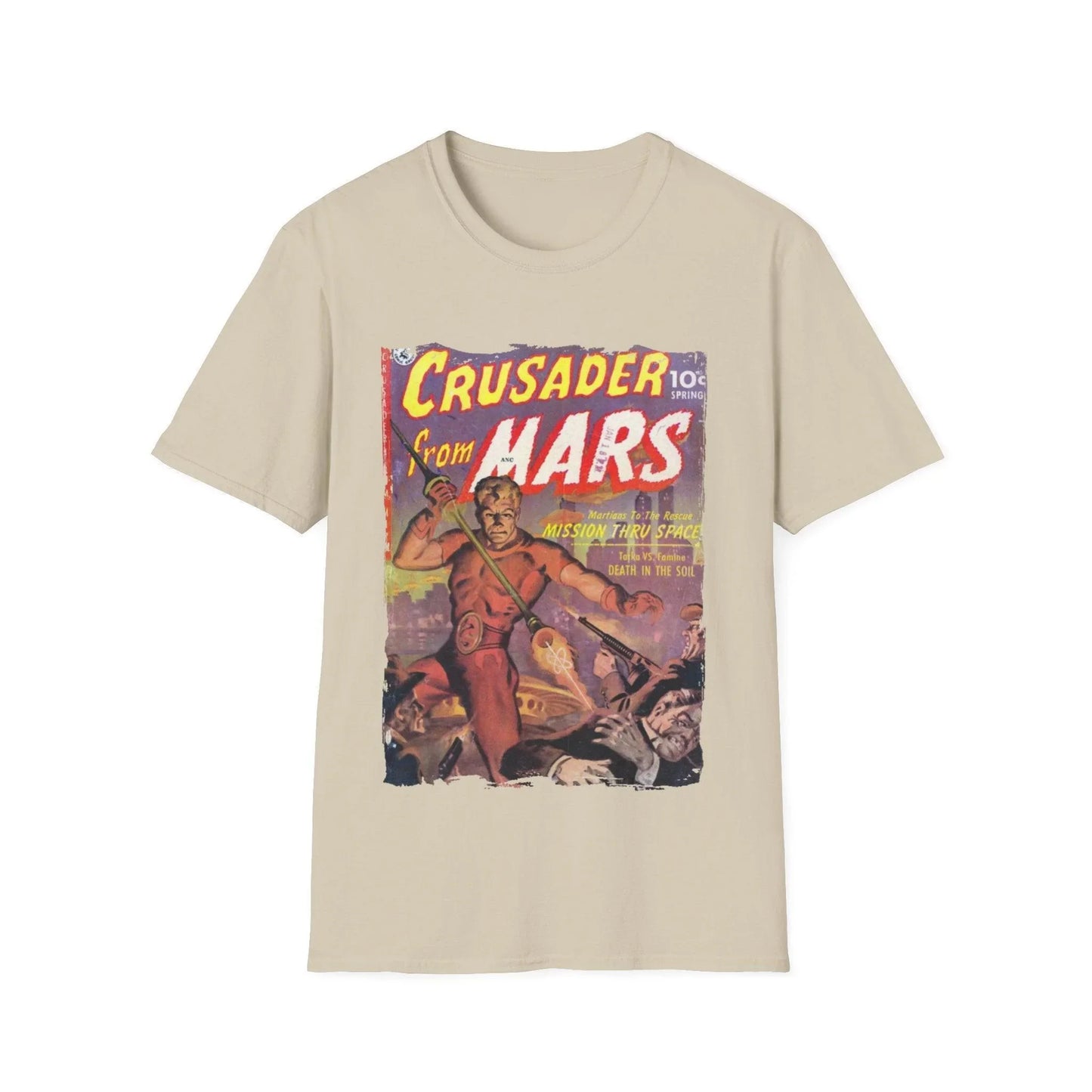 Close-up of the Crusader from Mars 1 T-shirt fabric texture highlighting its smooth, heathered mint green material and