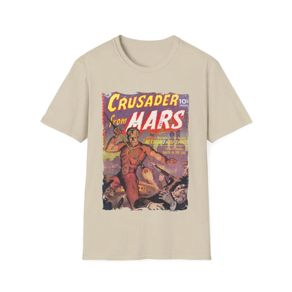 Close-up of the Crusader from Mars 1 T-shirt fabric texture highlighting its smooth, heathered mint green material and