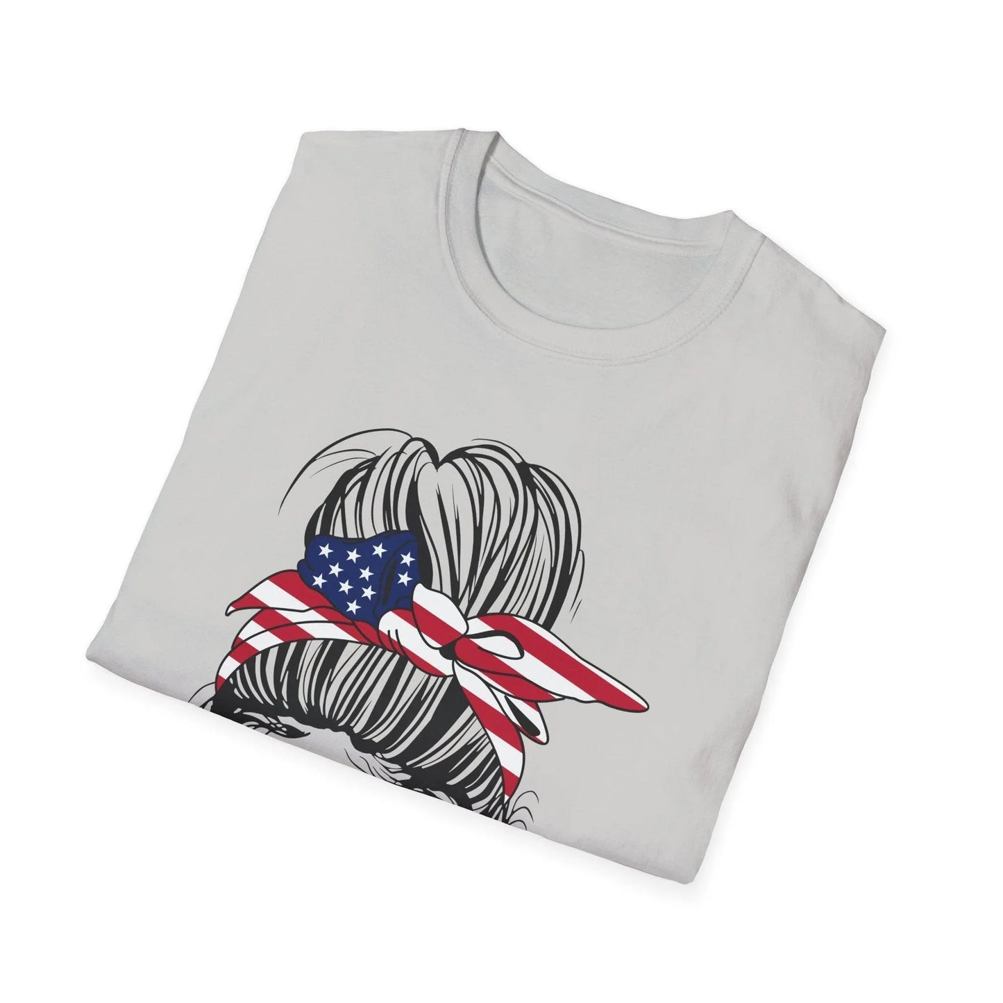 Close-up of the navy softstyle T-shirt's subtle heather texture and reinforced stitched neckline from a front angled view.