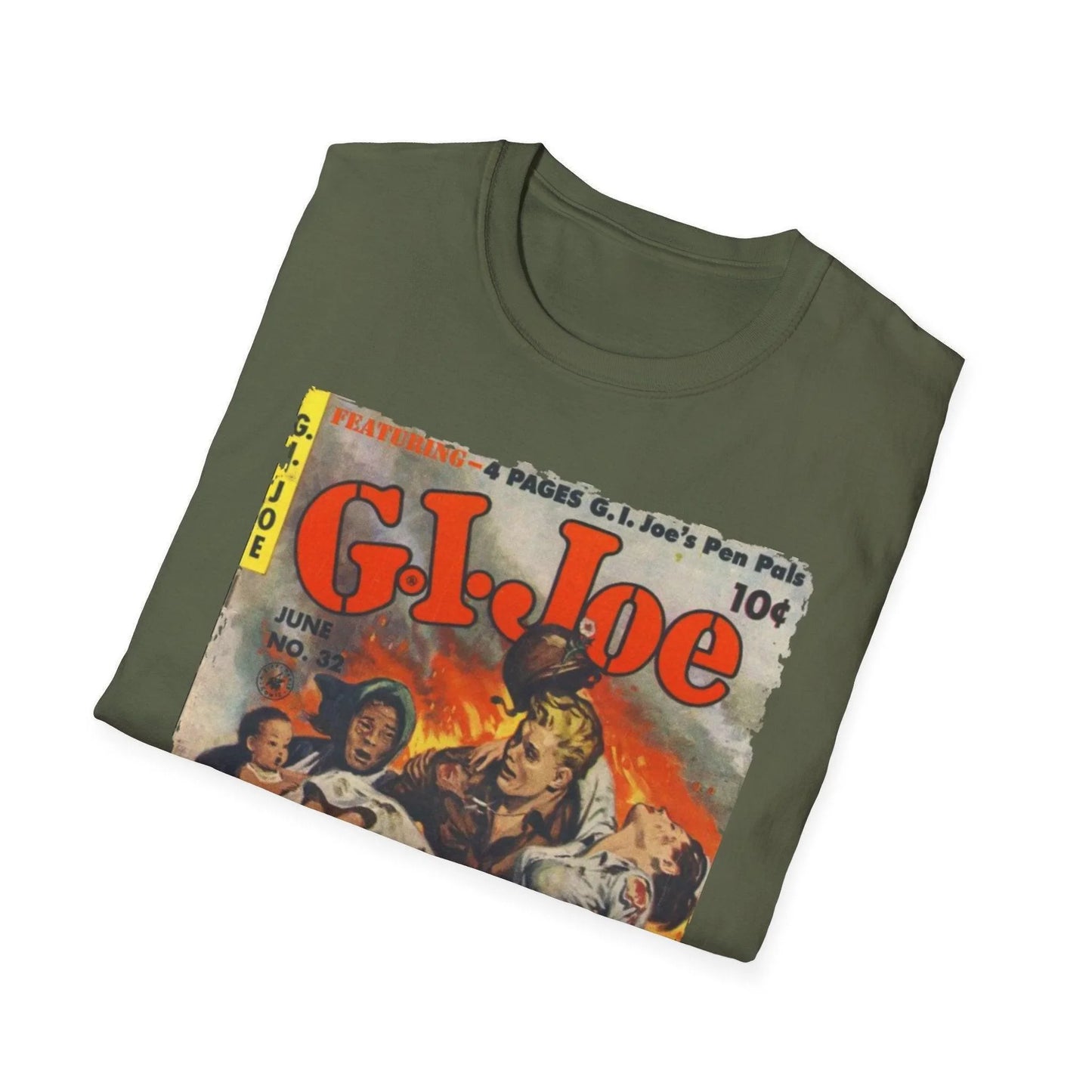 Close-up of the G.I. Joe No.32 softstyle T-shirt neckline showing reinforced stitching and subtle fabric texture in olive