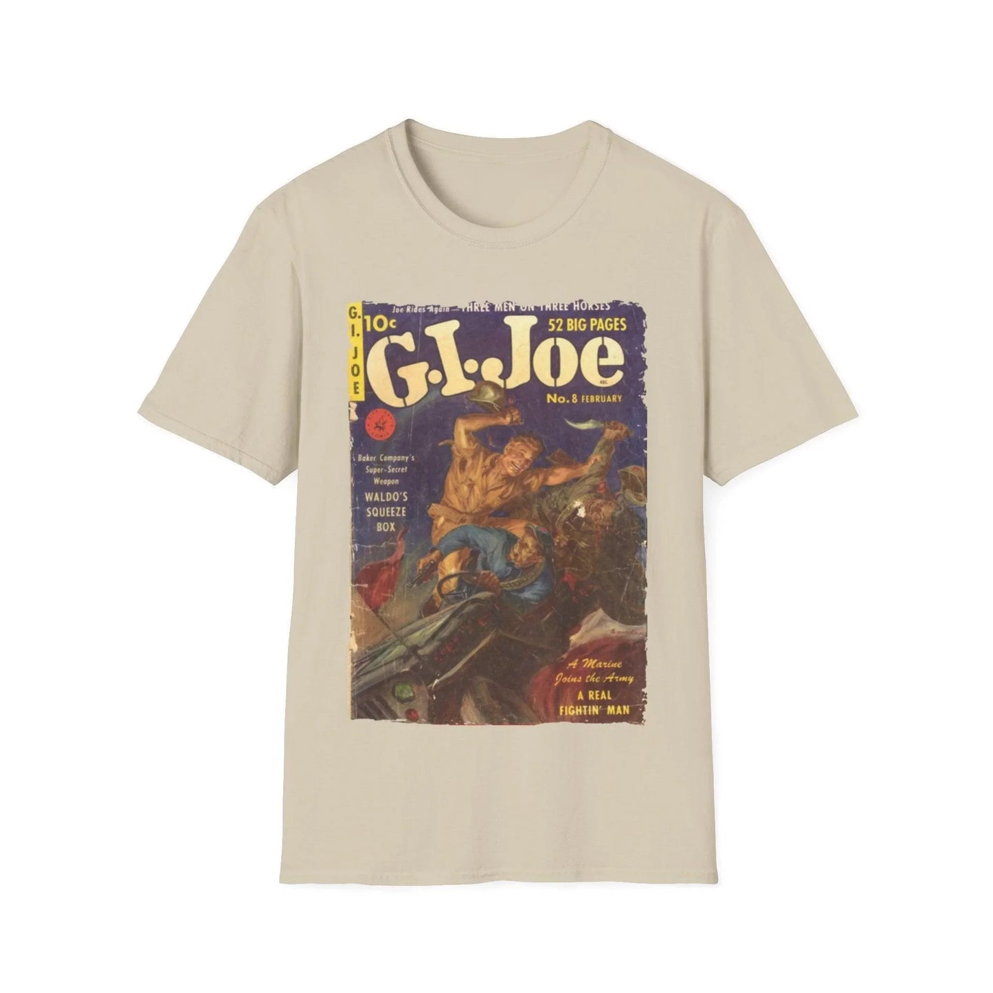 Close-up of the soft cotton fabric and relaxed fit neckline on the heather gray G.I. Joe No.8 T-shirt from a slightly angled