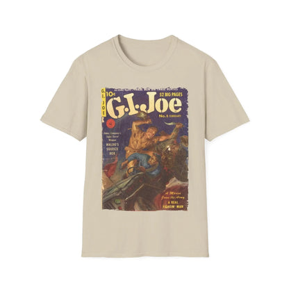 Close-up of the soft cotton fabric and relaxed fit neckline on the heather gray G.I. Joe No.8 T-shirt from a slightly angled