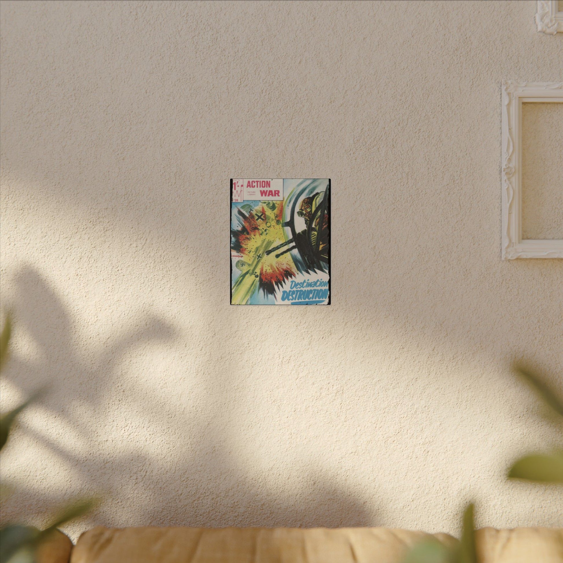 Close-up of the textured canvas surface highlighting subtle brushstroke details and vibrant color application in Action War