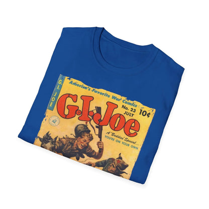 Close-up of the G.I. Joe No.23 unisex softstyle T-shirt fabric showcasing its smooth, lightweight polyester-cotton blend and
