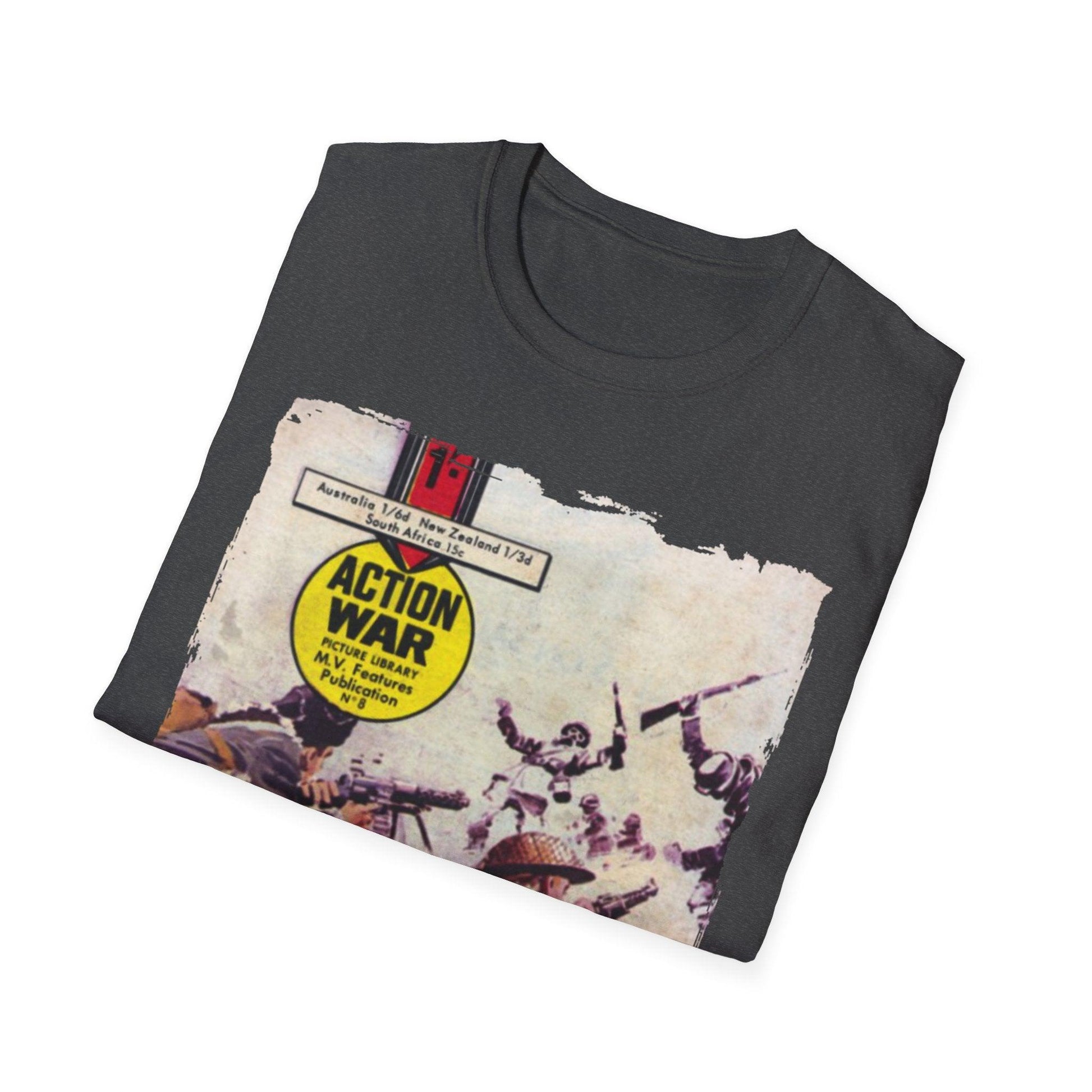 Close-up of the unisex softstyle T-shirt's collar displaying subtle stitching and smooth fabric texture in vibrant blue