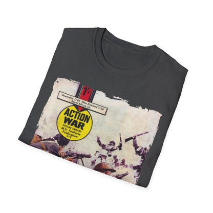 Close-up of the unisex softstyle T-shirt's collar displaying subtle stitching and smooth fabric texture in vibrant blue