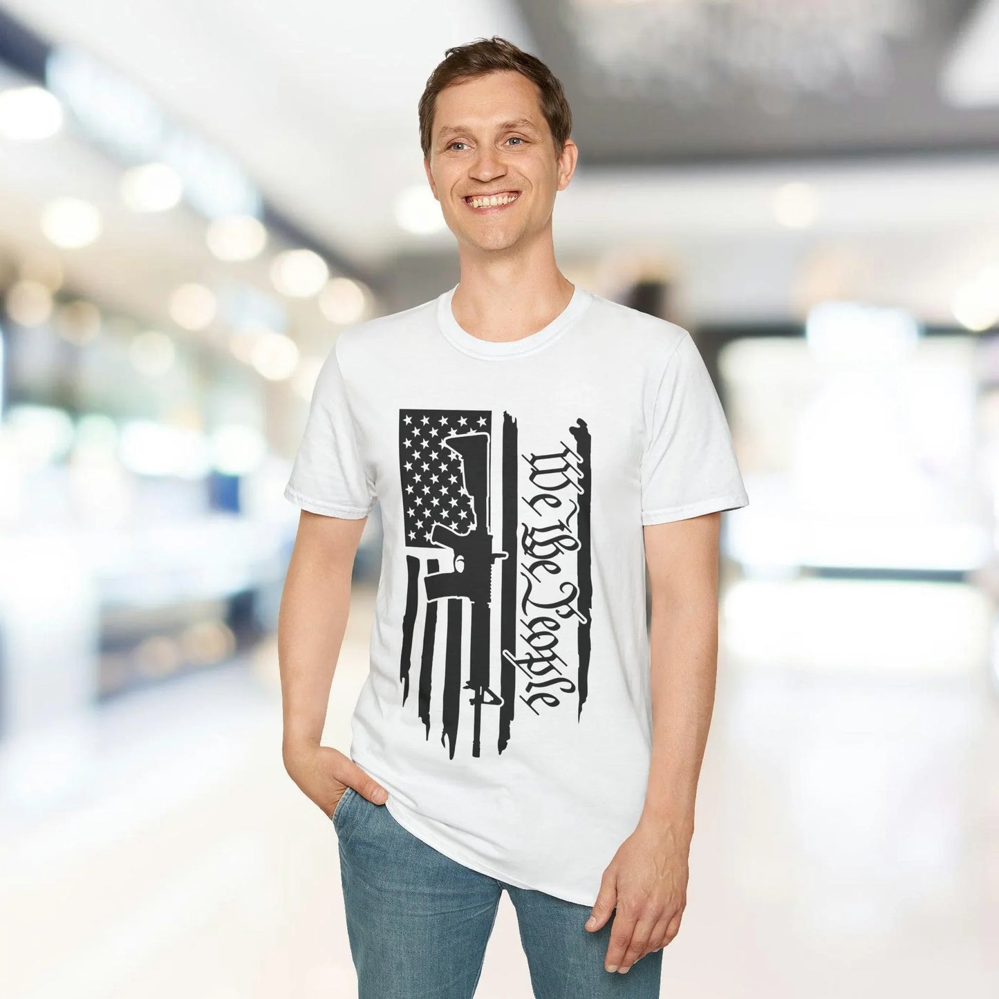 Close-up of distressed black-and-white American flag print on soft, relaxed-fit crewneck T-shirt fabric showing textured