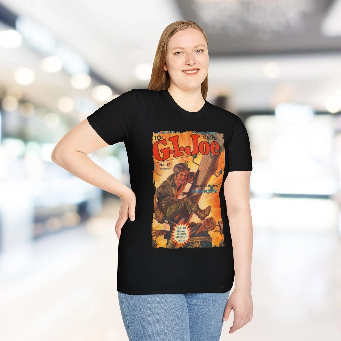 Close-up of the G.I. Joe No.17 softwhite fabric tag sewn at the neckline seam